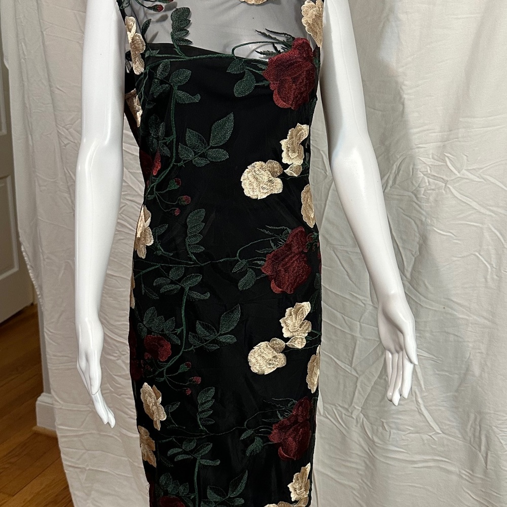 Black/Cranberry/beige floral screen dress